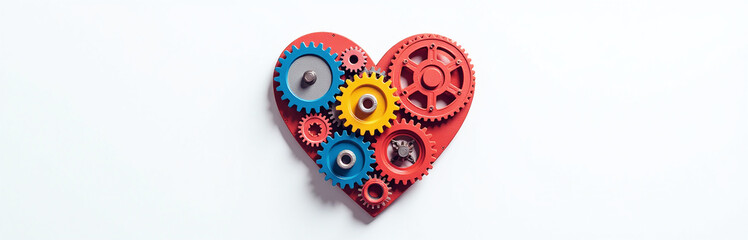 Poster - A Colorful Mechanical Heart Made Up Of Interlocking Gears Is Prominently Displayed Against A Clean White Background. 00002