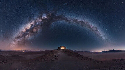 Poster - A panoramic view of the Milky Way stretching across a dark sky over a mountain landscape with a small house illuminated in the distance, symbolizing vastness, solitude, and the beauty of the night.