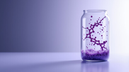 Wall Mural - Illustration of a clear glass vial filled with purple particles resembling semaglutide, displayed on a surface against a purple gradient background.