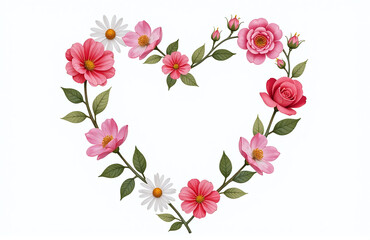 Poster - A Delicate Arrangement Of Watercolor Flowers Including Chamomile, Pink Roses, Forms A Heart Shape Isolated Against A White Background. 00001