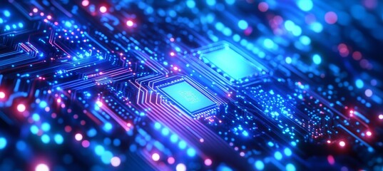 Poster - abstract technology background blue circuit board with glowing lines, dots, and processors