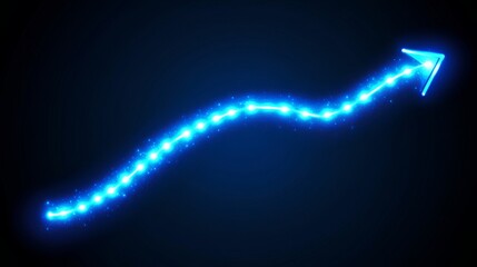 Poster - Glowing Cyan Line Chart Arrow, Ascending on Dark Blue Background, Minimalist Vector Illustration