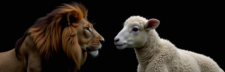 Poster - A Lion And A White Lamb Are Isolated On A Black Background In A Profile View Created By An Artificial Intelligence Generator. 00001