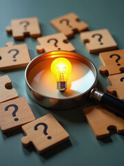 Aufkleber - A Magnifying Glass Shines A Light On A Puzzle Composed Of A Lightbulb And Wooden Blocks With Question Marks And Creative Symbols. 00002