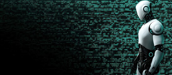 Robot stands before digital code wall; AI future