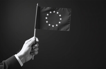 Poster - A Person Holds A Flag Representing The European Union With Their Hand In A Black And White Image For Copy Space Use. 00001