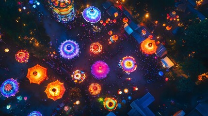 Poster - Colorful abstract light display, vibrant glowing circles in various colors creating a dynamic energetic atmosphere, ideal for backgrounds.