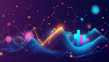 Poster - Futuristic Financial Data Visualization Charts, Graphs, And Vibrant Landscape On Dark Background.
