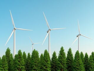 Wall Mural - A serene landscape featuring tall wind turbines rising above lush evergreen trees under a clear blue sky.