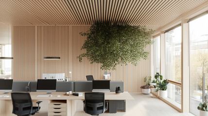 Wall Mural - Modern office interior with wooden accents and greenery