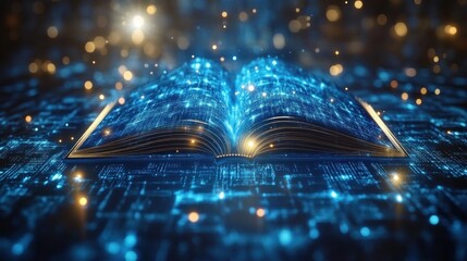 Digital book glowing on circuit board, knowledge concept