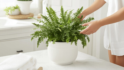 Wall Mural - person tending to lush green fern plant in white pot, creating serene and refreshing atmosphere in bright, modern kitchen