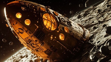 Wall Mural - Lunar Lander descends; moon surface, asteroid field background; science fiction film