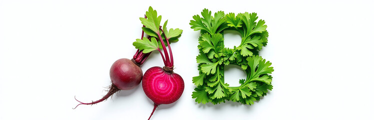 Poster - Beet Root And Parsley Letters A And B Isolated On A White Background Forming Distinct Shapes Together. 00001