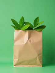 Poster - Brown Paper Bag With Green Plant Leaves On A Green Background Provides Ample Space For Text Overlays. 00002
