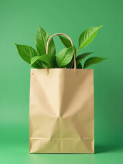 Poster - Brown Paper Bag With Green Plant Leaves On A Green Background Provides Ample Space For Text Overlays. 00001