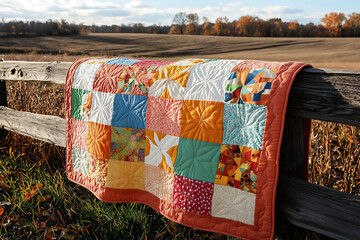 P Vibrant photo of a patchwork quilt hanging