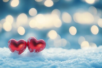 Two red hearts on snow, a Valentine's Day background banner with copy space for text, bokeh, a light blue and white color theme, stock photo.