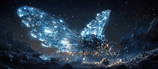 Wall Mural - Luminous robotic insect lands on alien planet, starscape backdrop; sci-fi concept art