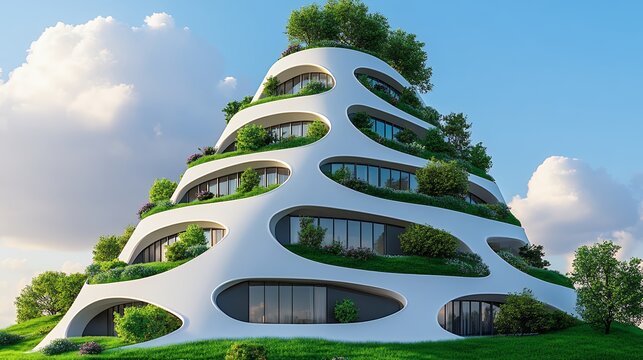 Futuristic Green Building White Organic Structure with Lush Vegetation