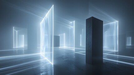 Poster - ethereal light beams and abstract geometric shapes create a captivating futuristic technological lan