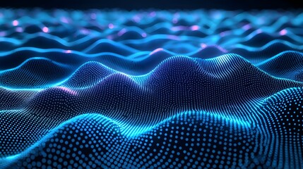 Poster - Smooth glowing wave pattern in vibrant blue shades symbolizing progress innovation and the future of advanced digital technology  Futuristic abstract 3D landscape with a dynamic