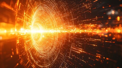 Poster - Glowing Futuristic Digital Interface with Intricate 3D Elements  Luminous and radiant visualization of a high tech innovative cyberpunk inspired background with geometric patterns lines