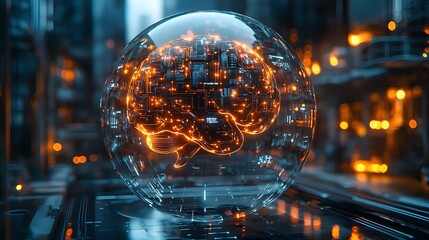 Poster - Digital brain encased in a transparent sphere with glowing elements representing the concept of advanced intelligence technology and futuristic innovation