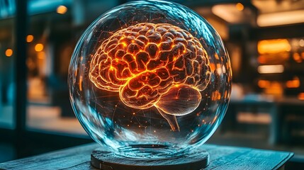 Glowing Digital Brain Encased in Transparent Sphere   Futuristic Sci Fi Concept of Intelligence Technology and Innovation