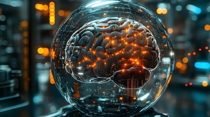 Poster - transparent glowing digital brain encased in futuristic sphere conceptual image of intelligence tech
