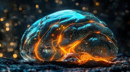 Poster - futuristic metallic brain with mesmerizing neon energy pathways glowing in the dark showcasing the a