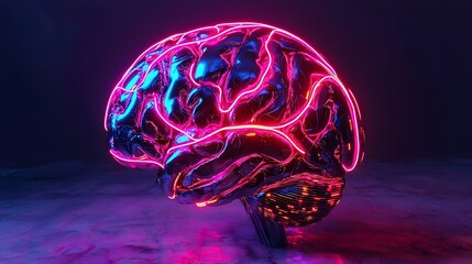 Poster - futuristic metallic intelligence brain with neon energy pathways and digital neural networks
