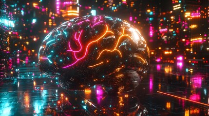 Poster - Futuristic Brain with Metallic Finish and Glowing Neon Energy Pathways   A Visually Striking Conceptual Representation of Intelligence and Advanced Technology