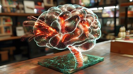 Poster - holographic 3d rendering of an brain with pulsating lights and digital data streams futuristic techn