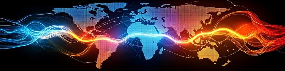 Poster - Abstract World Map with Glowing Energy Waves, Connecting Global Networks and Technology Trends
