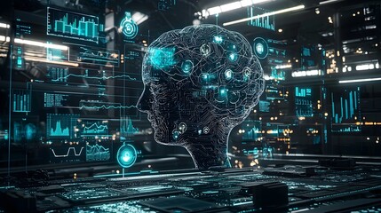 Poster - Futuristic Digital Brain Surrounded by Holographic Data Visualization Representing Intelligence Machine Learning and Advanced Information Analysis