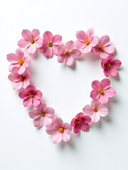 Poster - Delicate Pink Flowers Form A Heart Shape Isolated Against A Clean White Background For Romantic Still Life Photography. 00001