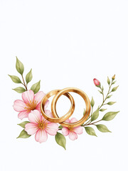 Aufkleber - Delicate Gold Wedding Rings And Flowers Are Beautifully Rendered In A Watercolor Painting Against A Clean White Background. 00002