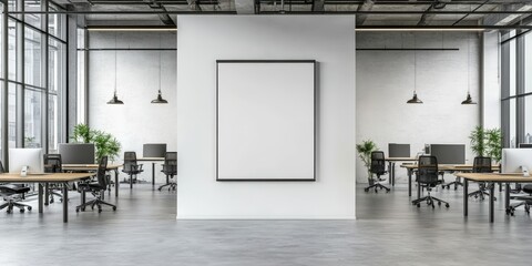 Poster - modern coworking space featuring minimalist interior design and blank banner for branding in bright 
