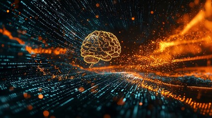 Poster - glowing digital brain represented by dynamic light trails and binary code symbolizing the power of i
