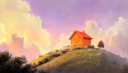 Poster - Orange House on a Hilltop at Sunset