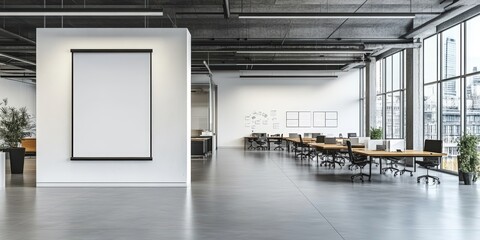 Poster - Modern coworking space with minimalist design and spacious interior featuring a blank banner for customizable displays or advertisements