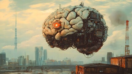 Poster - Conceptual digital depicting a futuristic surreal intelligence brain combining mechanical and organic elements hovering above an urban cityscape landscape