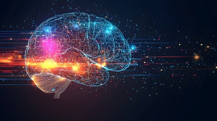 Poster - glowing digital brain with flowing energy connections in dark space representing futuristic intellig