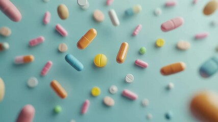 Poster - Colorful pharmaceutical capsules and pills falling in slow motion, hovering against soft light blue background, highlighting medical research and healthcare innovation