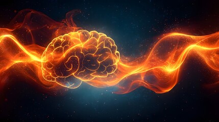Poster - glowing and radiating brain with dynamic flowing energy lines and ethereal cosmic background represe