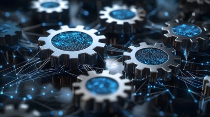 Poster - A 3D rendered machine learning icon featuring an intricate network of interconnected gears and digital patterns symbolizing the complex processes and innovations of intelligence and modern technology