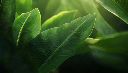 Wall Mural - Vibrant Green Leaves, Close Up Lush Foliage, Sunlight Highlighting Veins, Shallow Depth Of Field