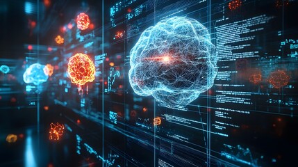 Poster - Futuristic digital depicting the complex dynamics of machine learning and neural network systems  Holographic graphs data visualizations