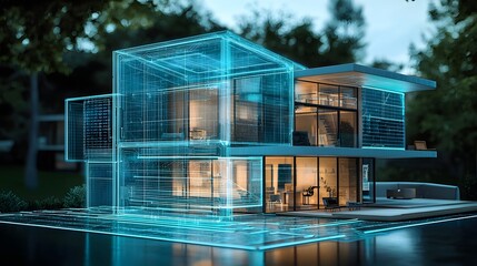 Poster - Futuristic and Minimalist Architectural Design Featuring an Innovative Glass Cube Structure with Cutting Edge Technology and Smart Home Elements